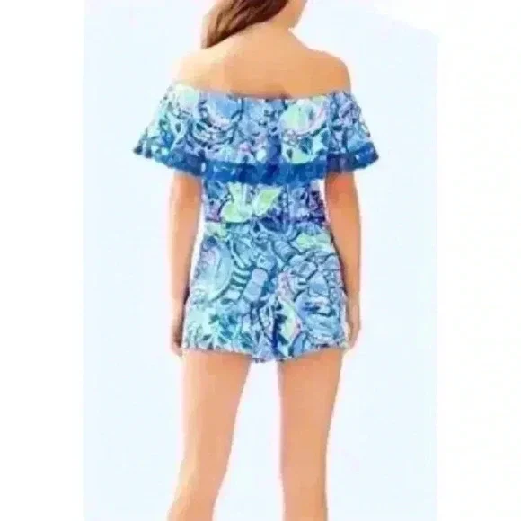 Lilly Pulitzer La Fortuna Blue Peri Pinch Romper Womens Off The Shoulder Sz 2XS - Picture 4 of 11